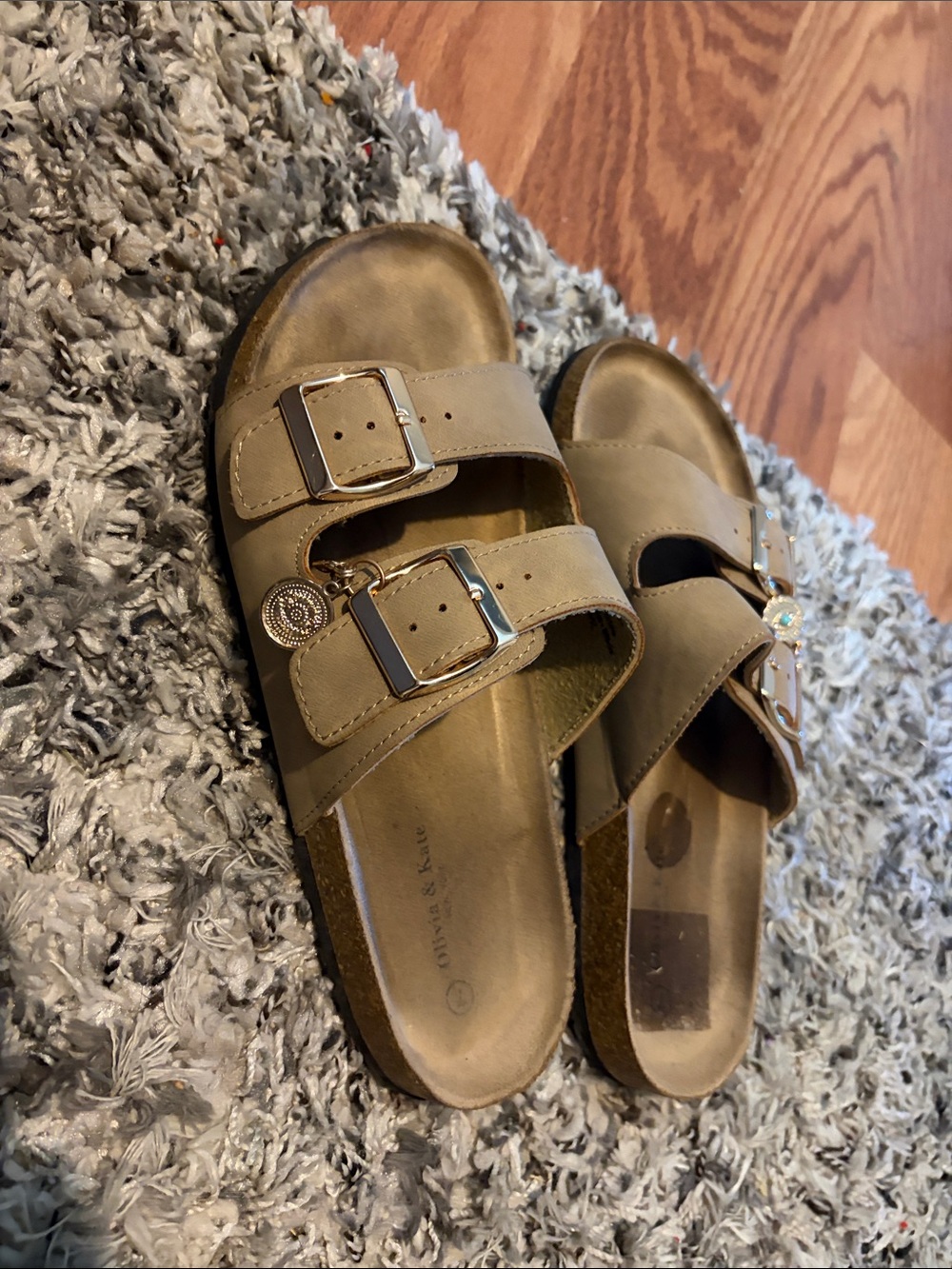 Double Buckle Taupe Slide Sandals